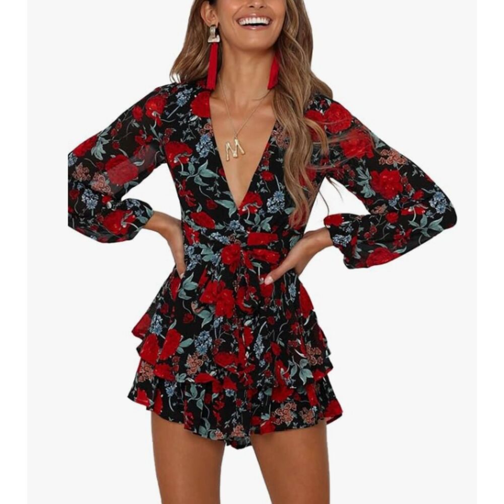 Relipop Black Red Floral Romper Long Sleeve Ruffle Hem V Neck Size M